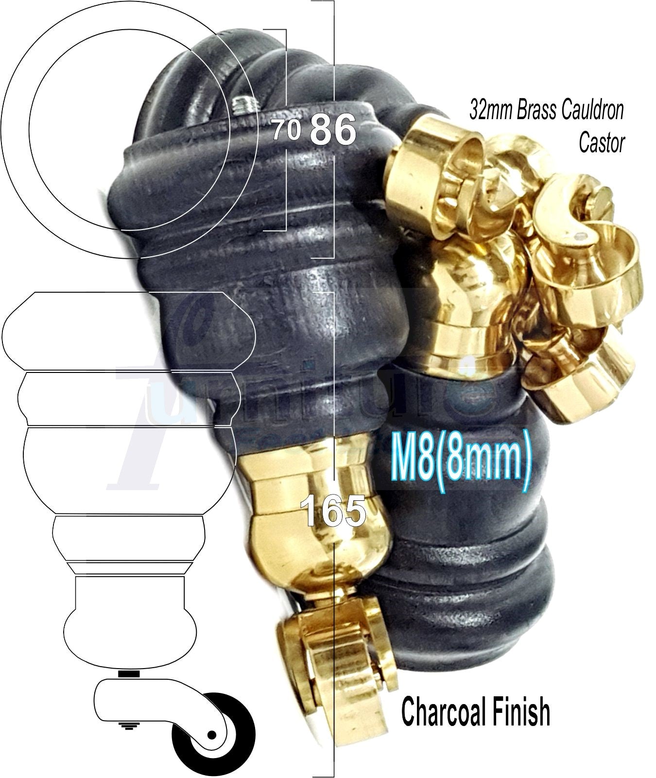 4 Turned Wood Furniture Feet With Brass Cauldron Castors 160mm Legs Sofas Chairs Stools Cabinets Beds M8 6 Inches