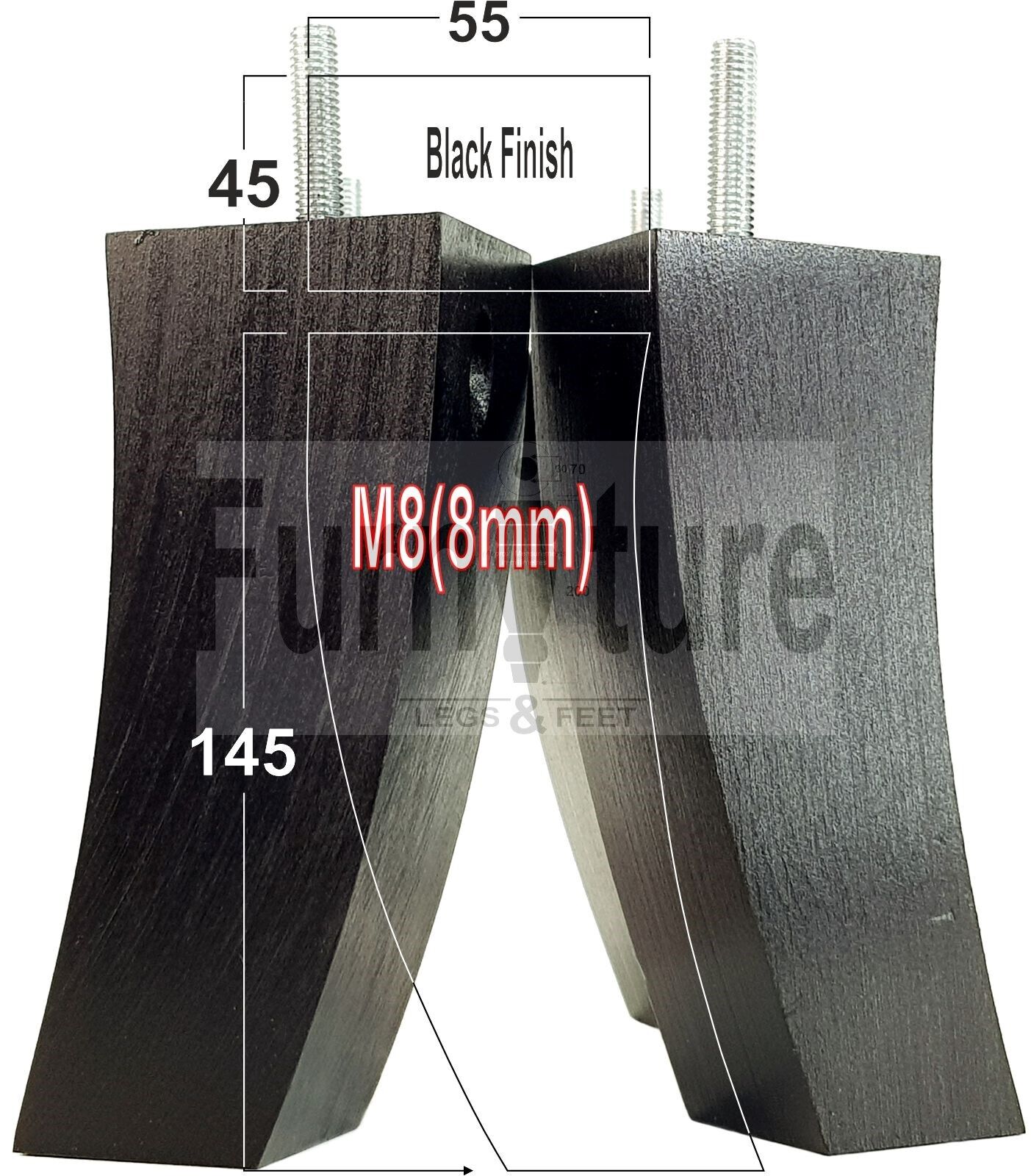 Set Of 4 Solid Wood Curved Furniture Feet Replacement Legs 145mm High M8(8mm)