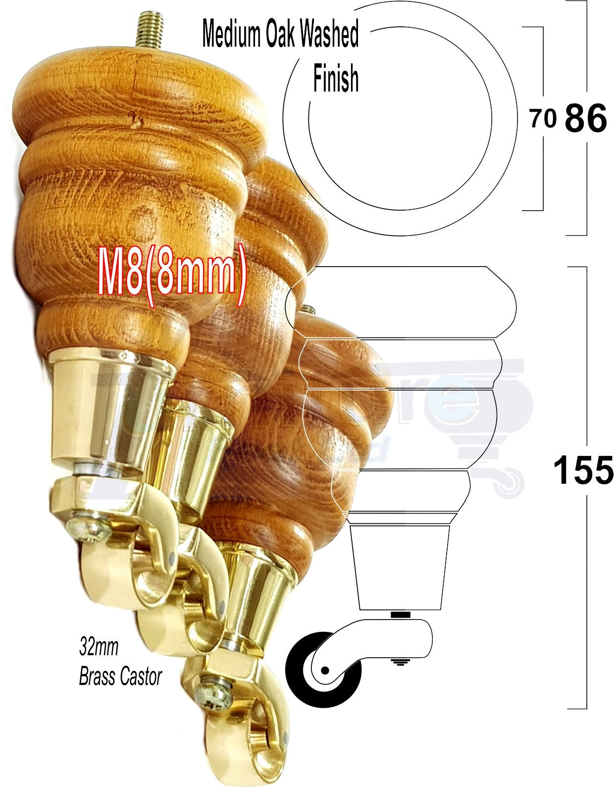 4 Turned Wood Furniture Feet With Brass Castors 155mm Legs Sofas Chairs Stools Cabinets Beds M8 6 Inches