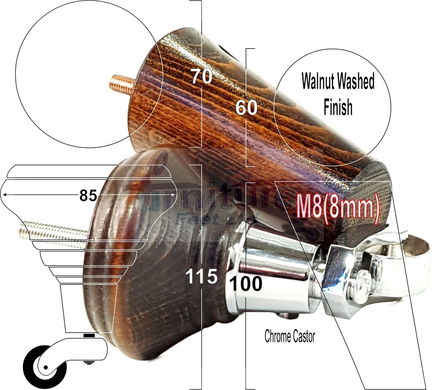 2 Dark Walnut Washed Wood Furniture Sofa Legs With Castor 125mm & 2 Angled Back Feet Chair Settee 100mm High M8