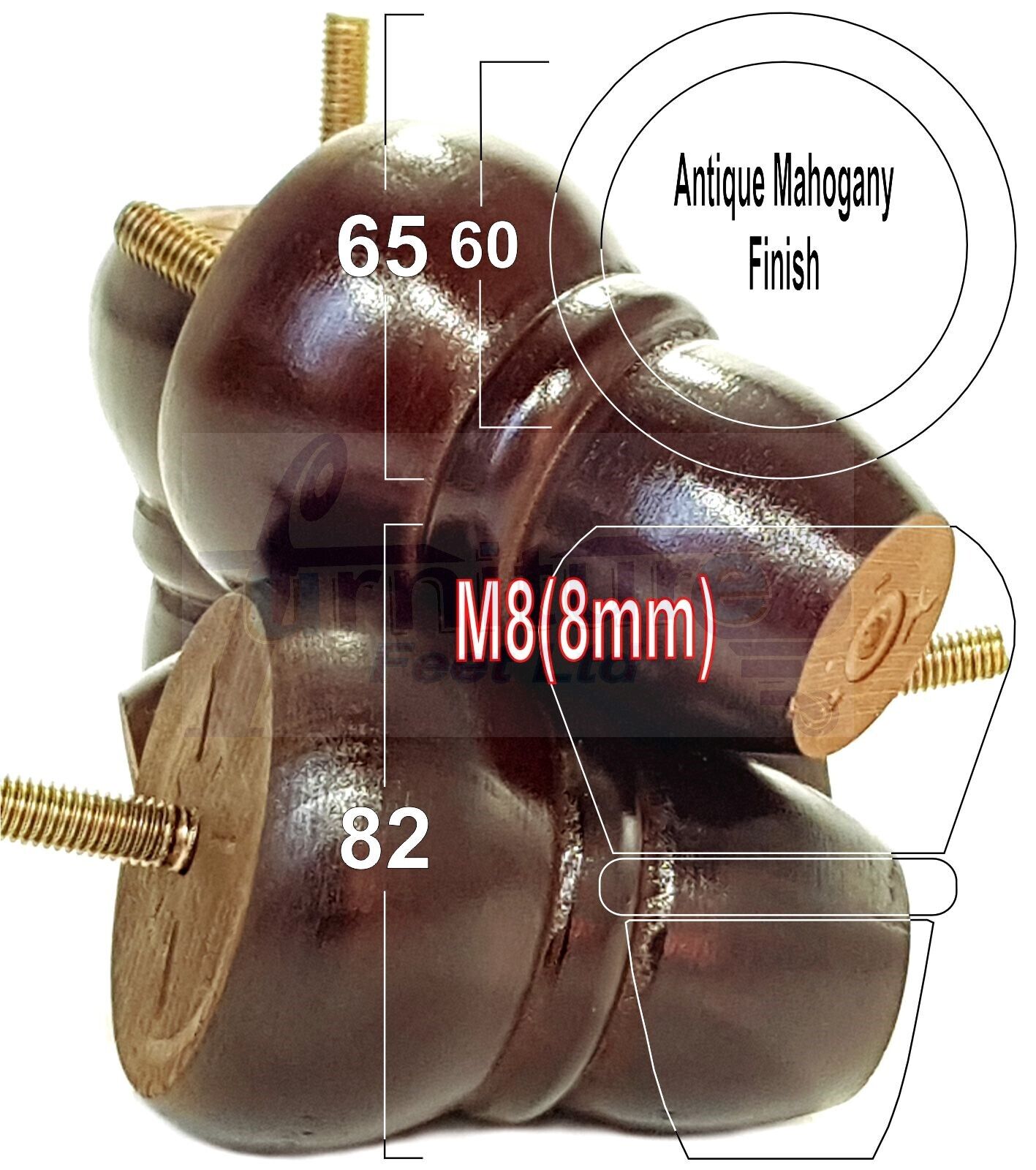 4x Turned Wood Repacement Furniture Legs M8 Sofa Chair Settee Feet 82mm