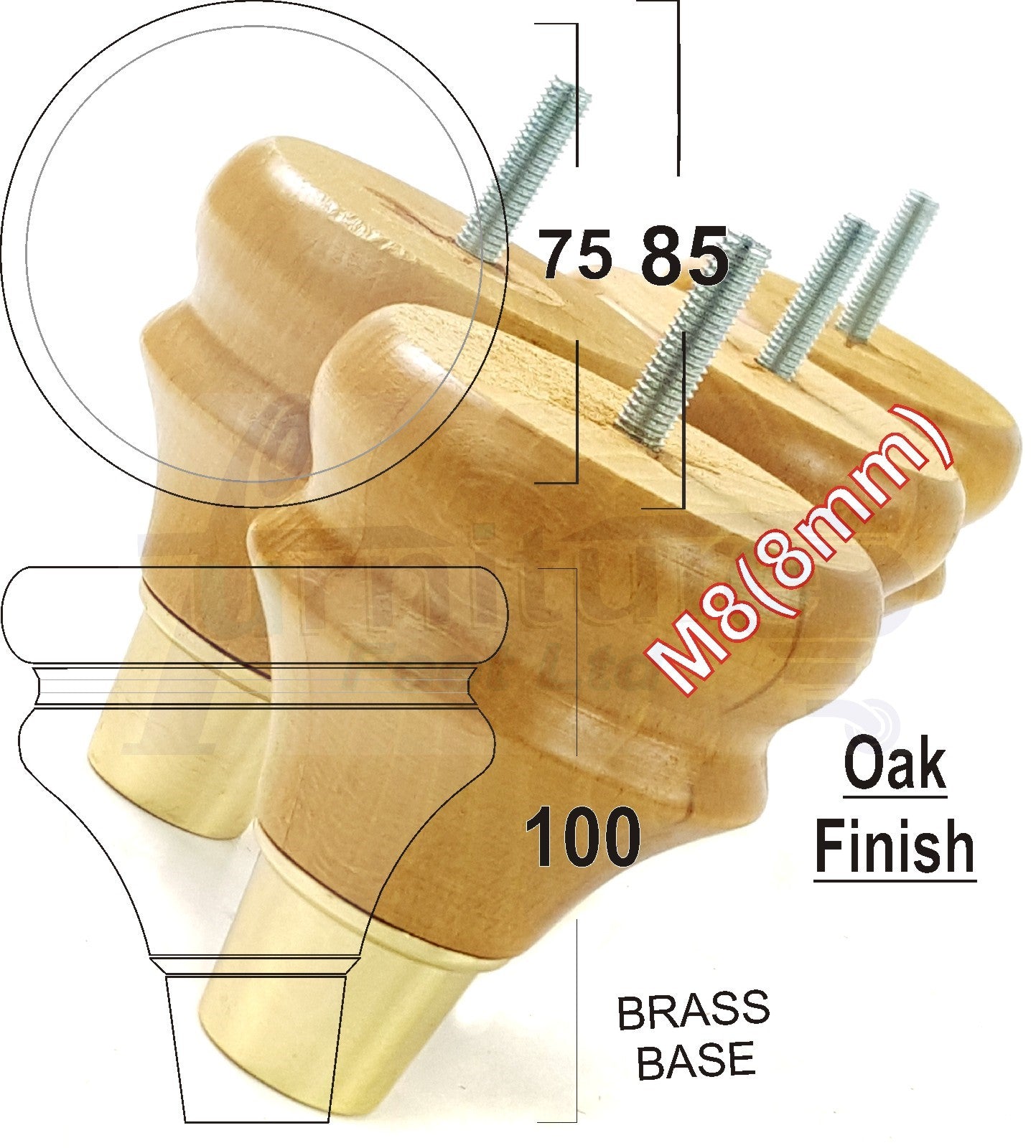 4x Turned Wood Furniture Feet M8(8mm) With Slipper Cup Chair Sofa Settee Legs 110mm