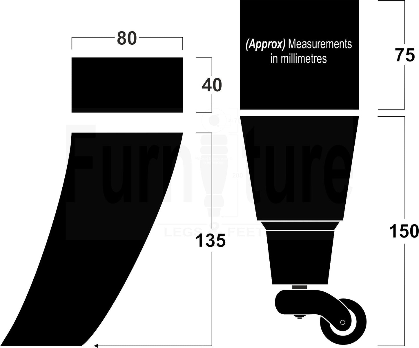 2x Cuved Wood Furniture Legs & 2x Castor Feet 150mm High For Chairs Sofas Settees 8mm Thread