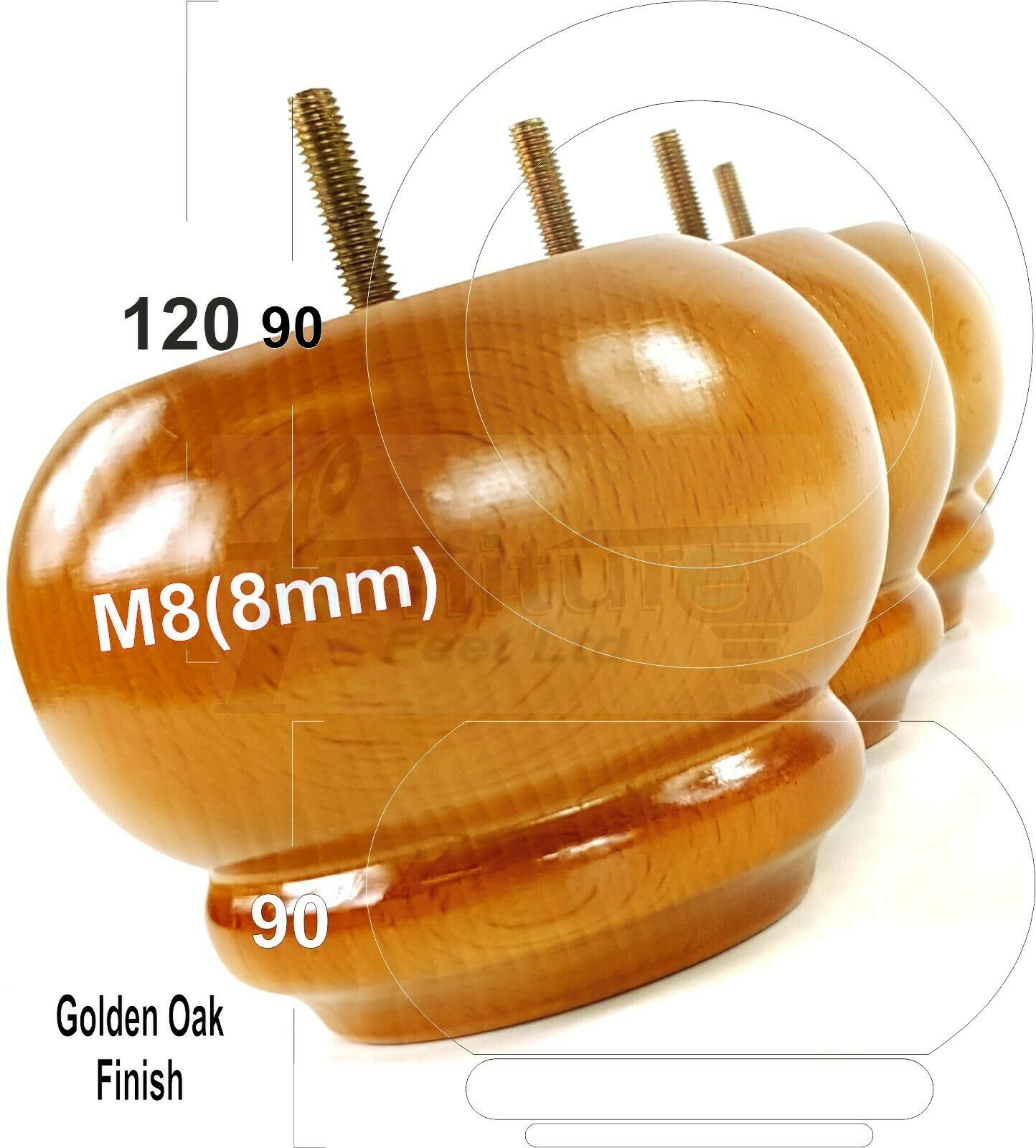 Set Of 4 Turned Wooden Furniture Legs Replacement Feet 90mm High 8mm Thread