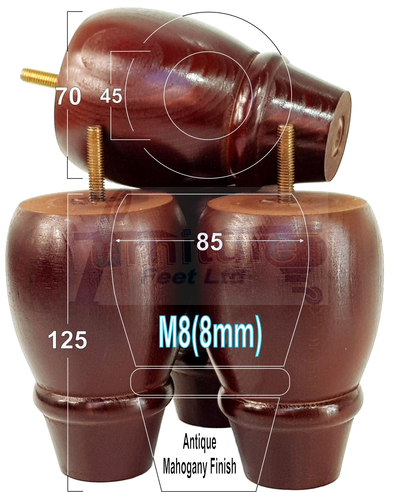 Set Of 4 Solid Wood Turned Replacement Furniture Legs 125mm High 8mm Thread