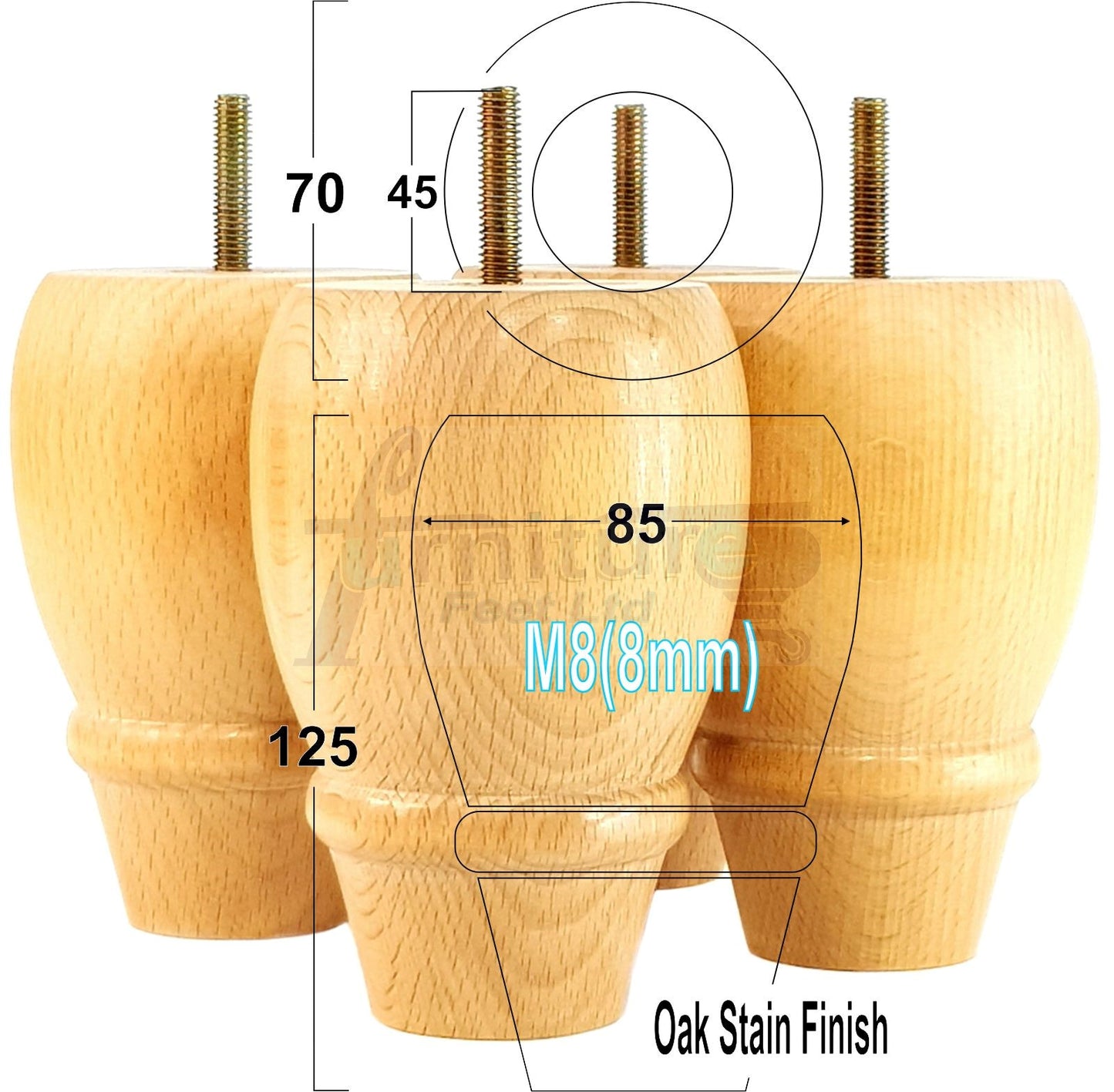 SET OF 4 REPLACEMENT FURNITURE BUN FEET TURNED WOODEN LEGS 125mm HIGH FOR SETTEE CHAIRS SOFAS FOOTSTOOLS M8 (8mm) PKC342