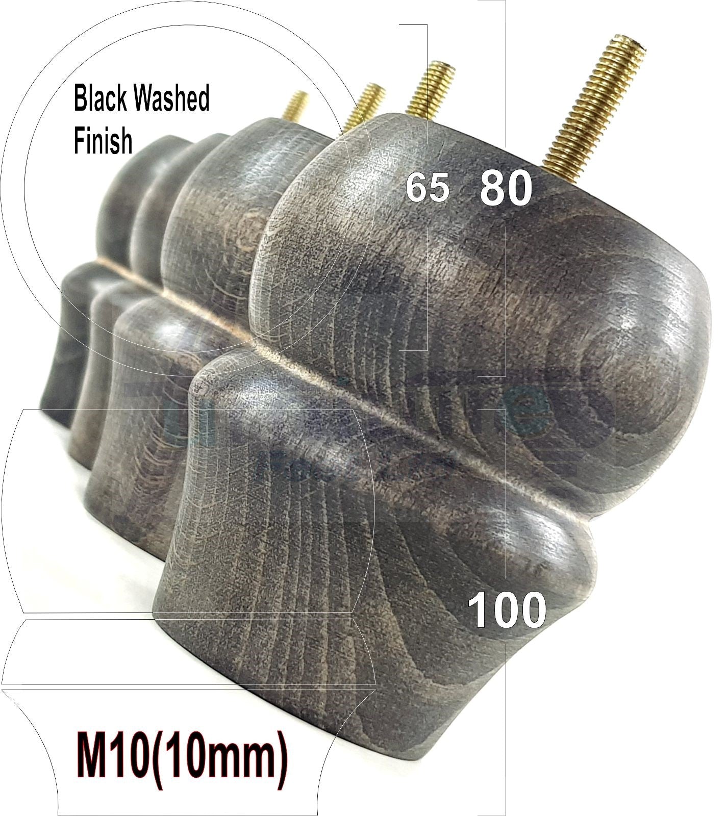 Set Of 4 Solid Wood Turned Furniture Legs Replacement Bun Feet 100mm High 10mm Thread