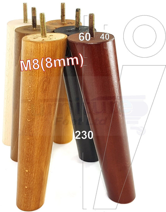 4 Solid Wood Turned Furniture Feet Replacement Mid Centry Angled Retro Legs 230mm High M8 Sofa Chairs Stools Cabinets Beds
