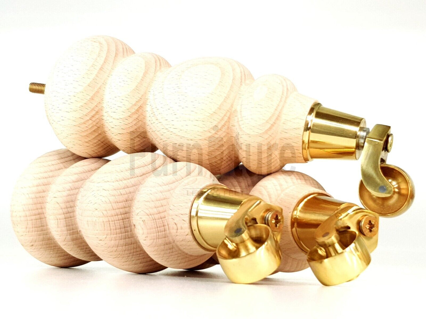 4x Turned Wood Furniture Brass Castor Leg M8 Replacement Feet Chairs Stools Sofa 250mm