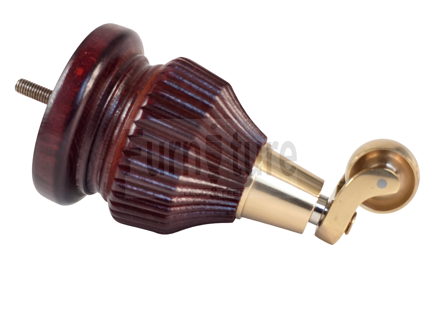 Wood Furniture Legs Replacement Feet 6 Inches with Brass Castors 155mm High M8 Dowl Fixing - Mahogany Finish