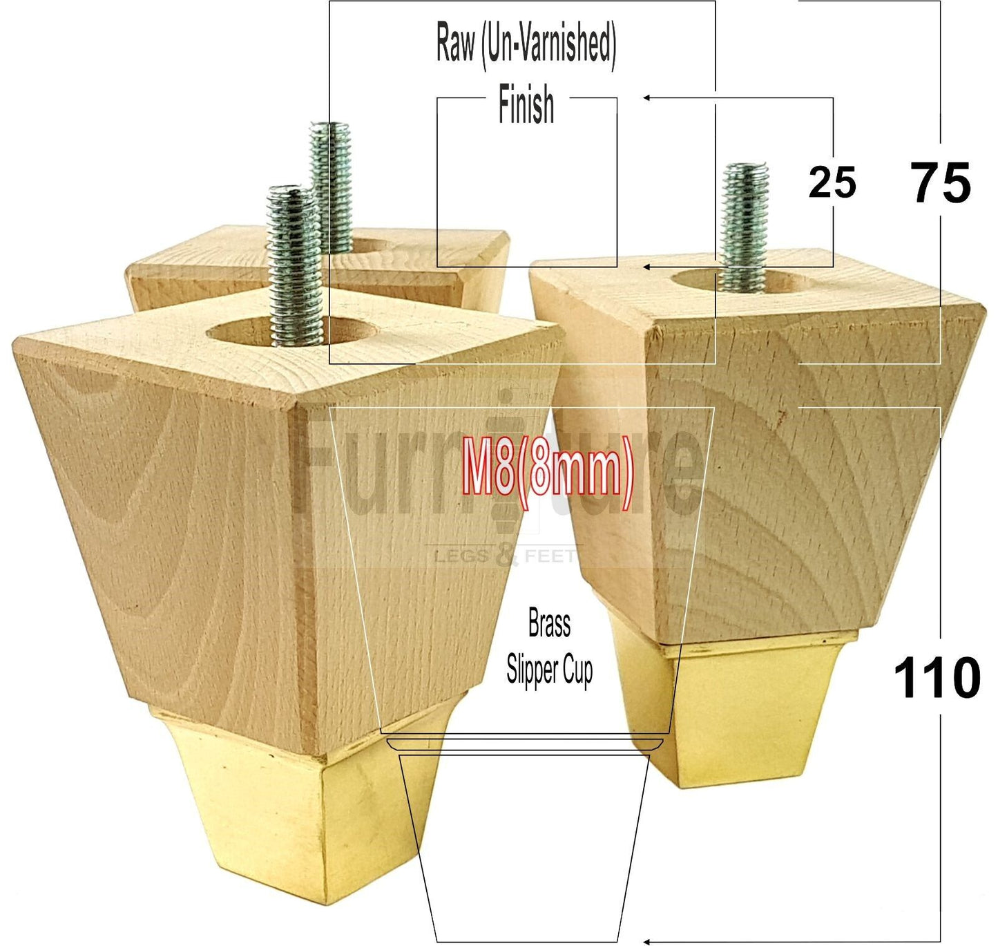 4x Block Wood With A Brass Slipper Cup Furniture Chair Settee Legs M8 Sofa Feet 110mm