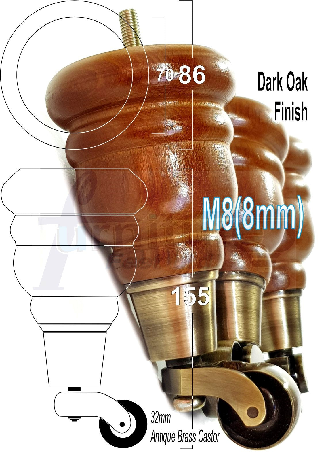 4 Turned Wood Furniture Feet With Antique Brass Castors 155mm Legs Sofas Chairs Stools Cabinets Beds M8 6 Inches