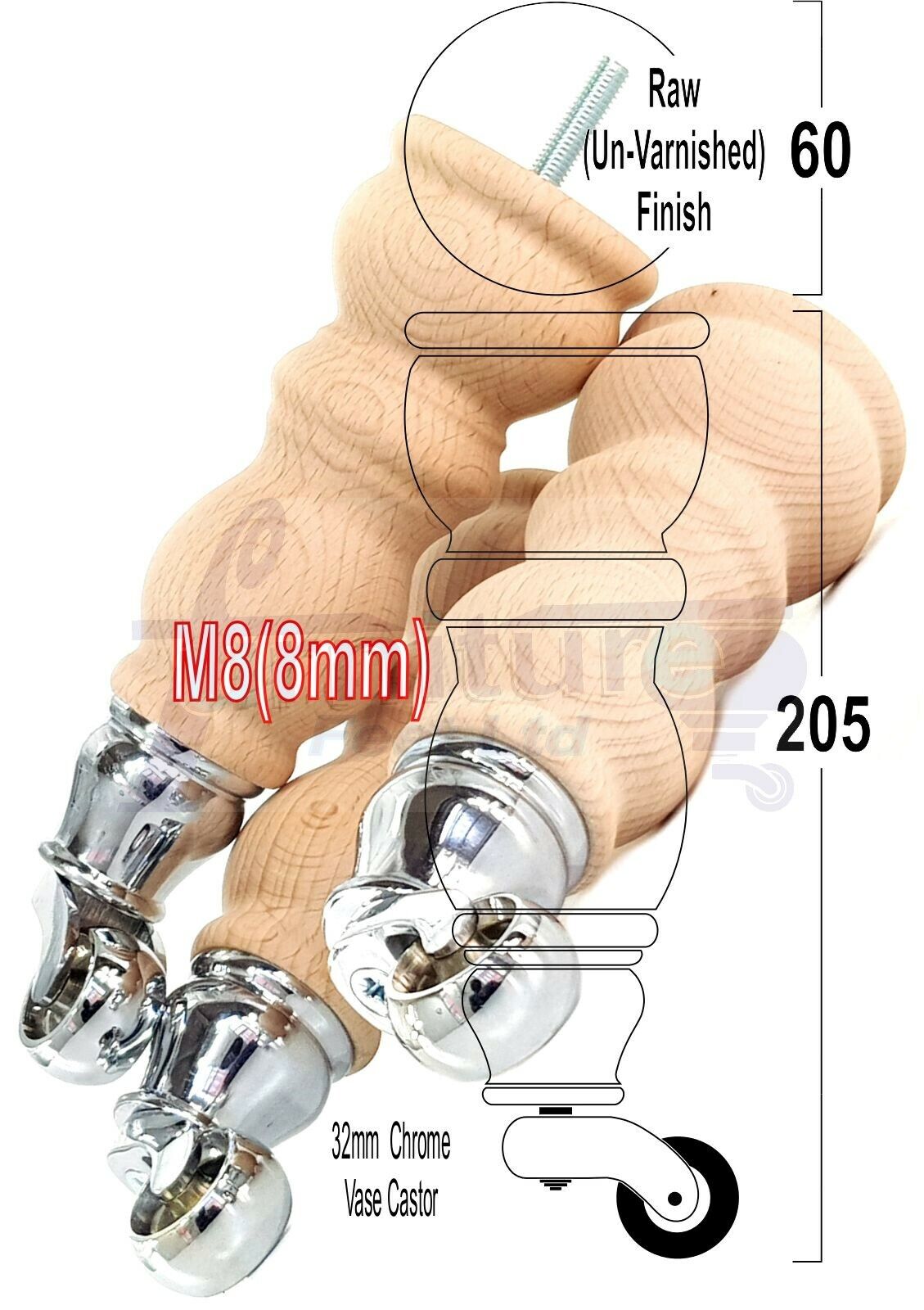 4x Furniture Feet With Castor 205mm High Legs Raw Wood M8 Sofas Chairs Stools Cabinets 8 Inches Tall