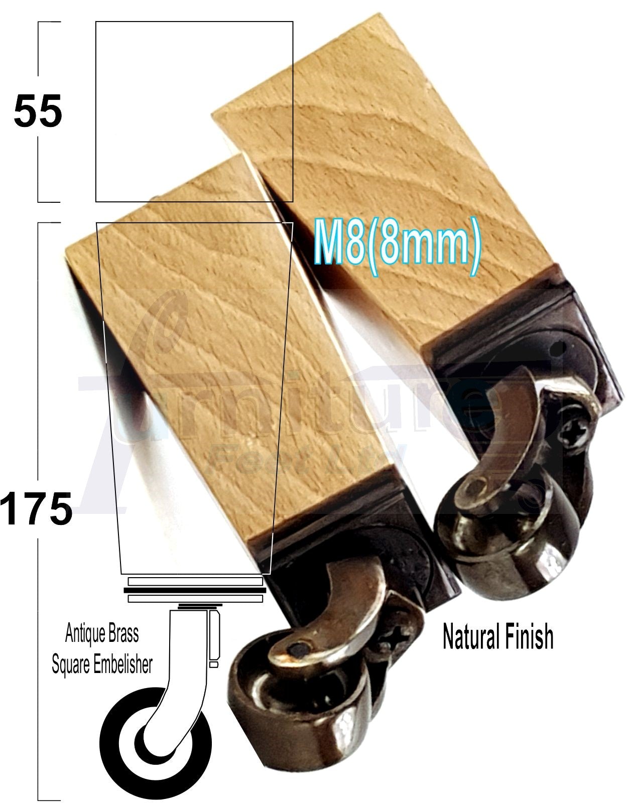 4x Solid Wood Furniture Legs Chair Sofa Bed Replacement Feet 175mm High With Antique Castors 8mm Thread