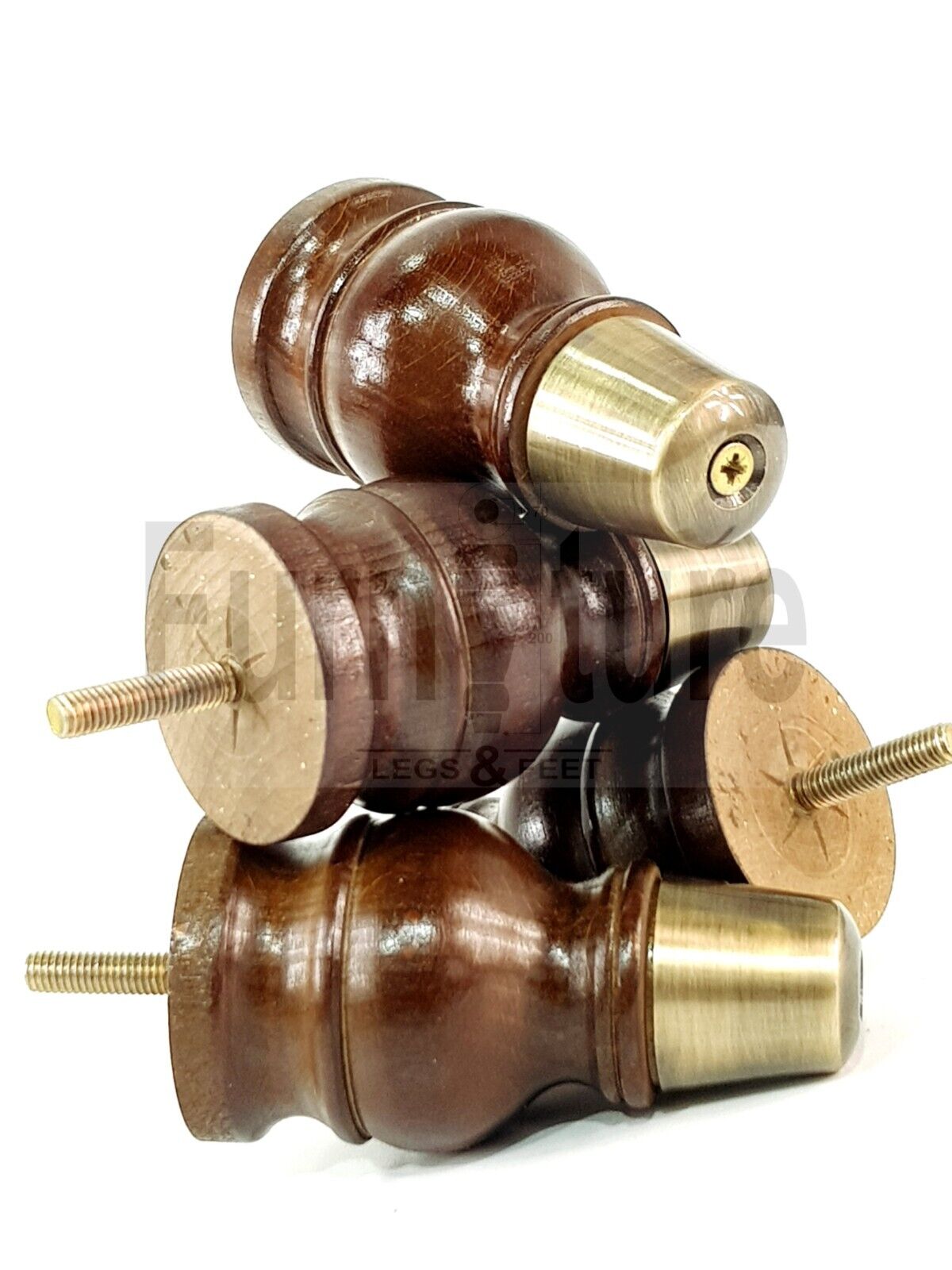 4x Turned Wooden Furniture Leg Antique Brass Slipper Cup Sofa, Chair Feet 110mm High M8