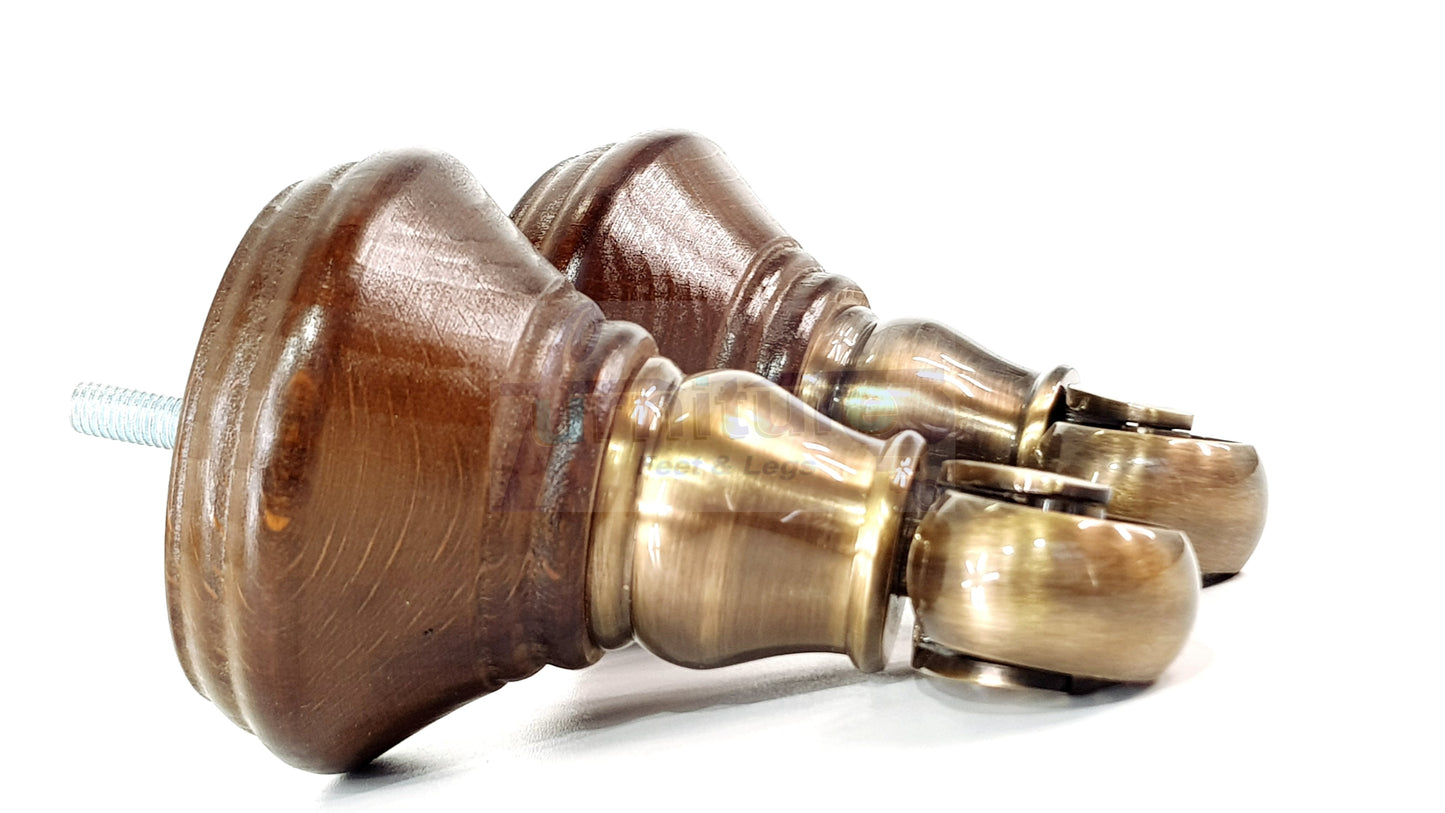 2 Castor Feet 120mm High Wood Turned Replacement Furniture Legs Antique Brown With Wheels Chairs Stools Sofa Beds Cabinets M8