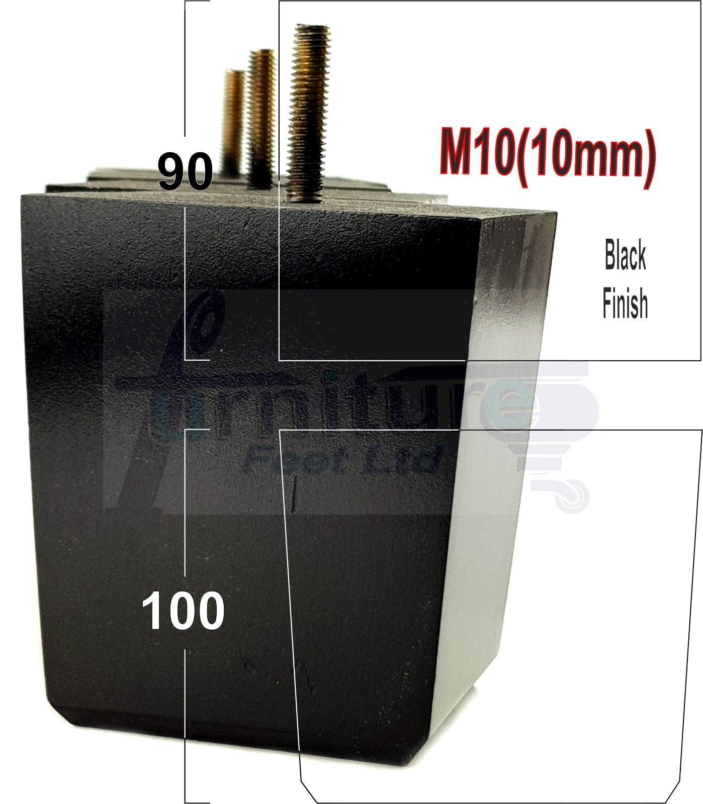4x Solid Wood Square Furniture Legs Block Replacement Feet 100mm M10 Thread
