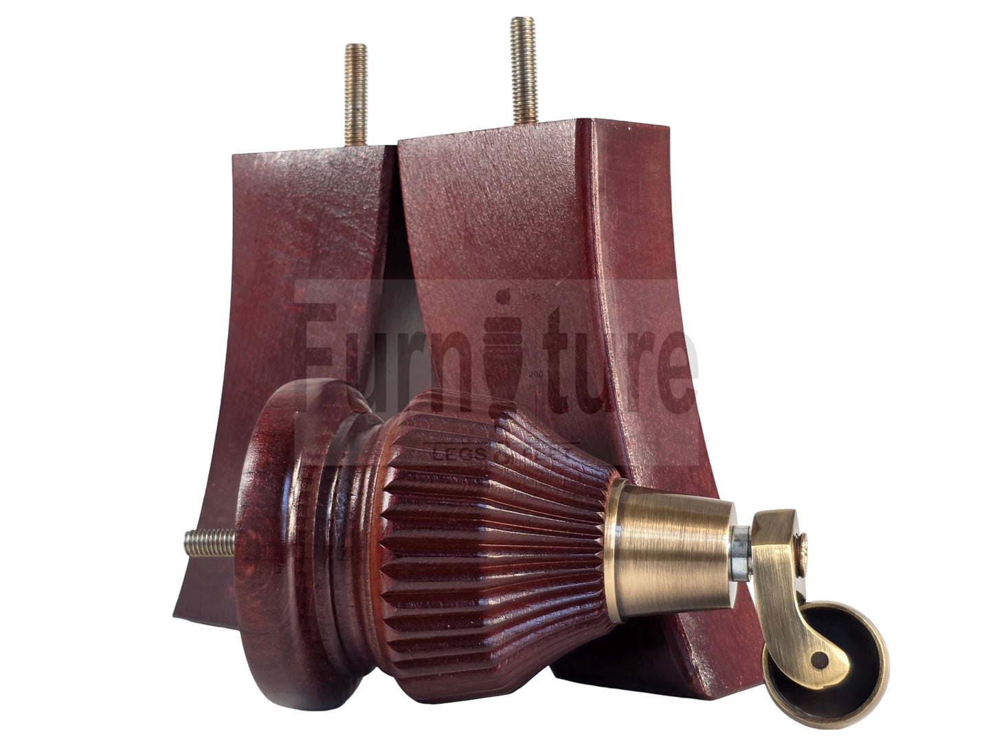 Solid Wood Furniture Replacement Legs 6 Inches with Castors and Back Feet 155mm High M8 Dowl Fixing - Mahogany Finish
