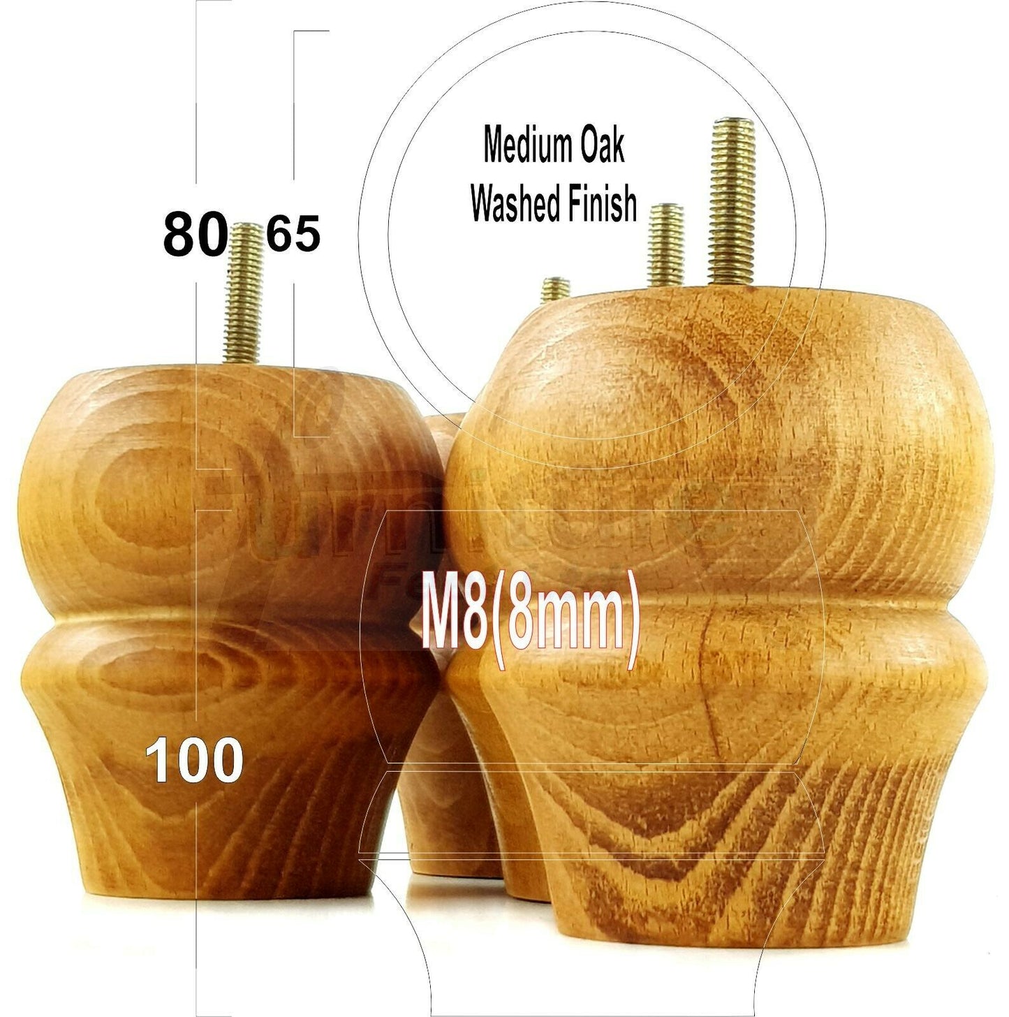 Set Of 4 Solid Wood Turned Furniture Legs Replacement Bun Feet 100mm High 8mm Thread  