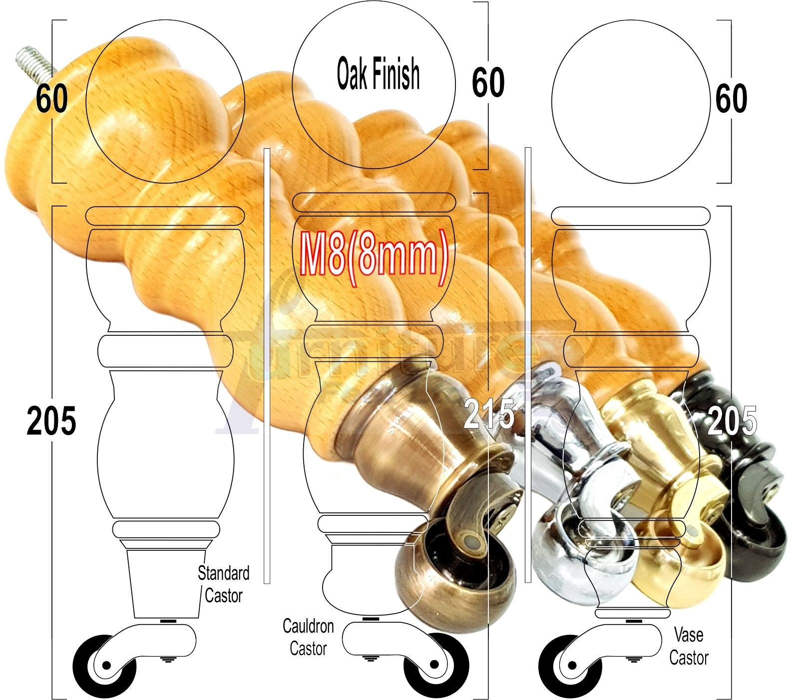 Solid Wood Furniture Feet With Castors Set of 4 Legs 205mm High For Sofas Chairs Stools Cabinets & Beds M8