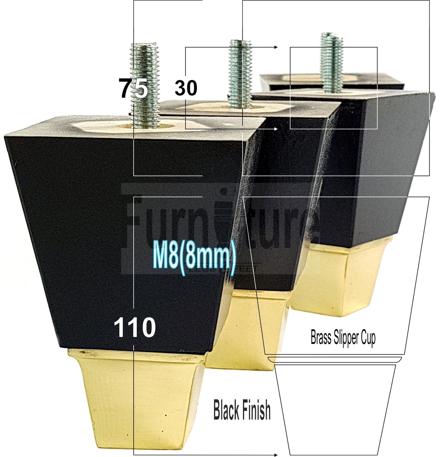 4x Block Wood With A Brass Slipper Cup Furniture Chair Settee Legs M8 Sofa Feet 110mm