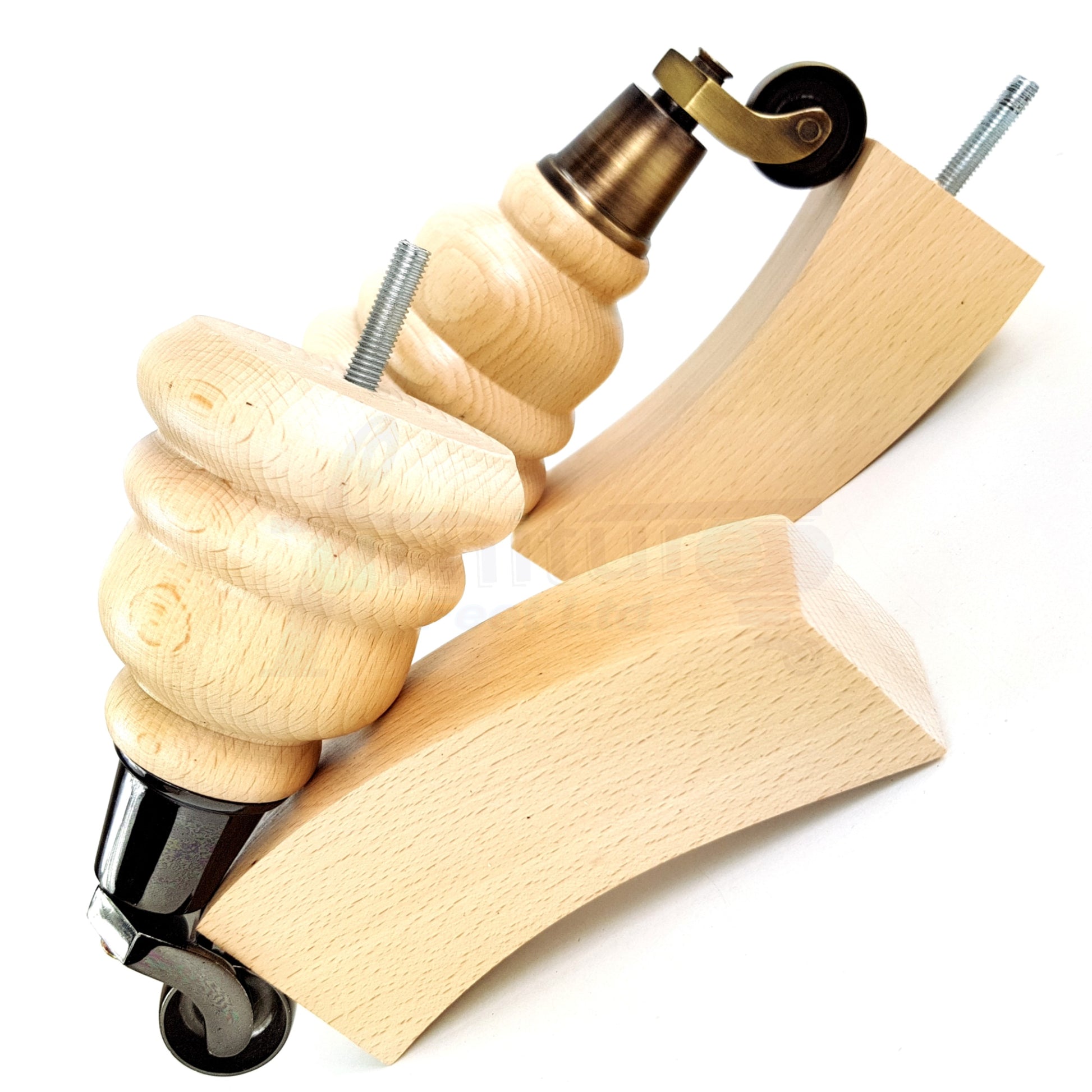Natural Turned Wood Furniture Feet 2 With Castors 155mm and 2 Curved Back Legs Sofas Chairs Stools Cabinets Beds M8 6 Inches
