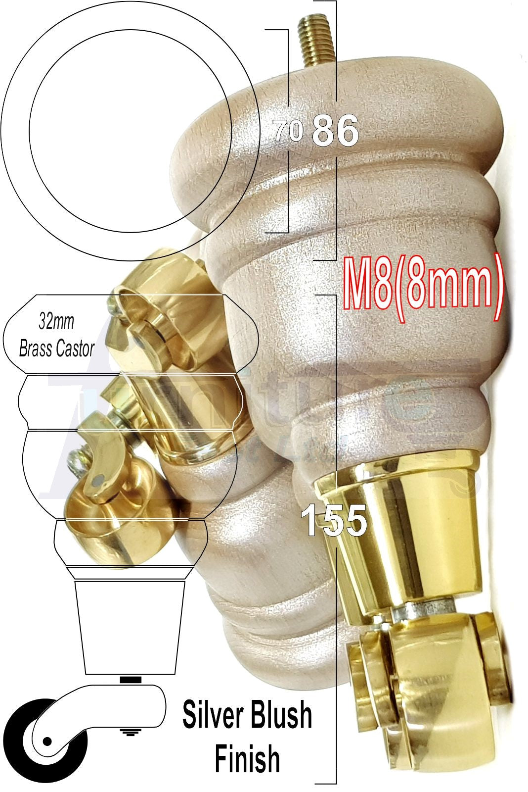 4 Turned Wood Furniture Feet With Brass Castors 155mm Legs Sofas Chairs Stools Cabinets Beds M8 6 Inches