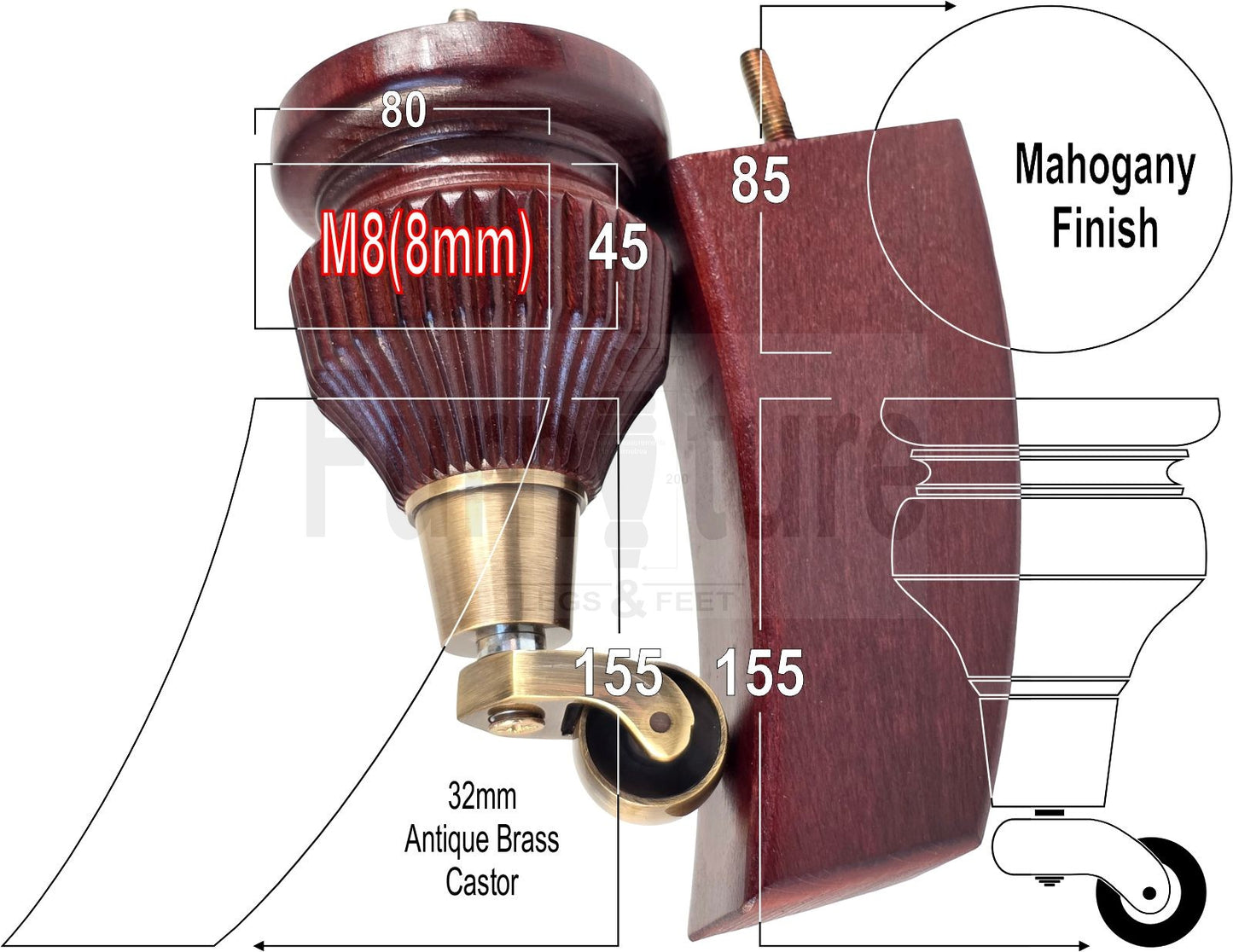 Solid Wood Furniture Replacement Legs 6 Inches with Castors and Back Feet 155mm High M8 Dowl Fixing - Mahogany Finish
