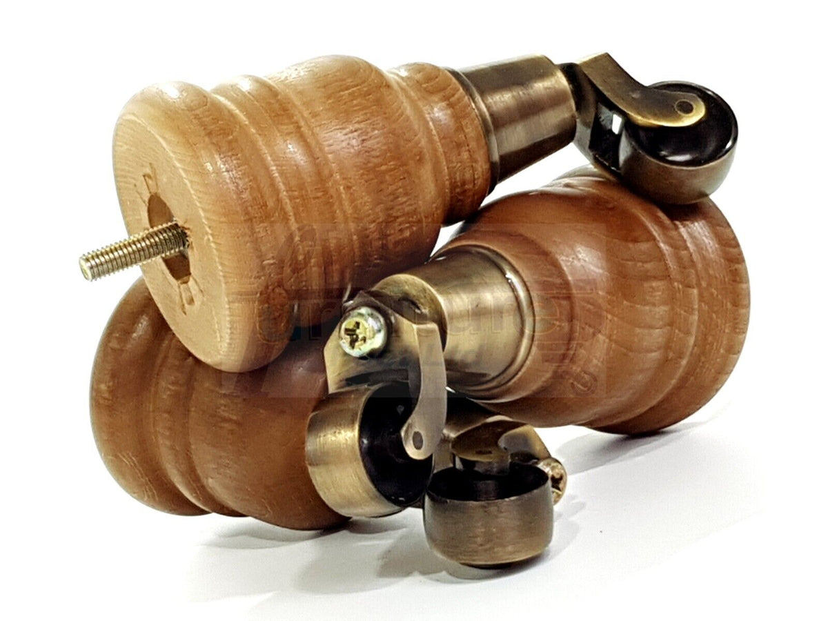 4 Turned Wood Dark Oak Stain Furniture Replacement Legs with Castors 155mm Legs M8 Fitting