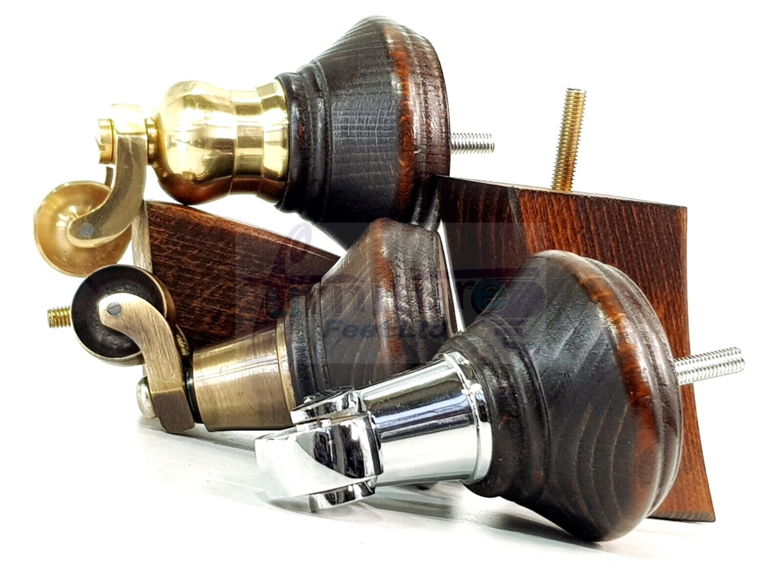 2 Dark Walnut Washed Wood Furniture Sofa Feet With Castor 125mm & 2 Curved Legs Chair Settee 100mm High M8