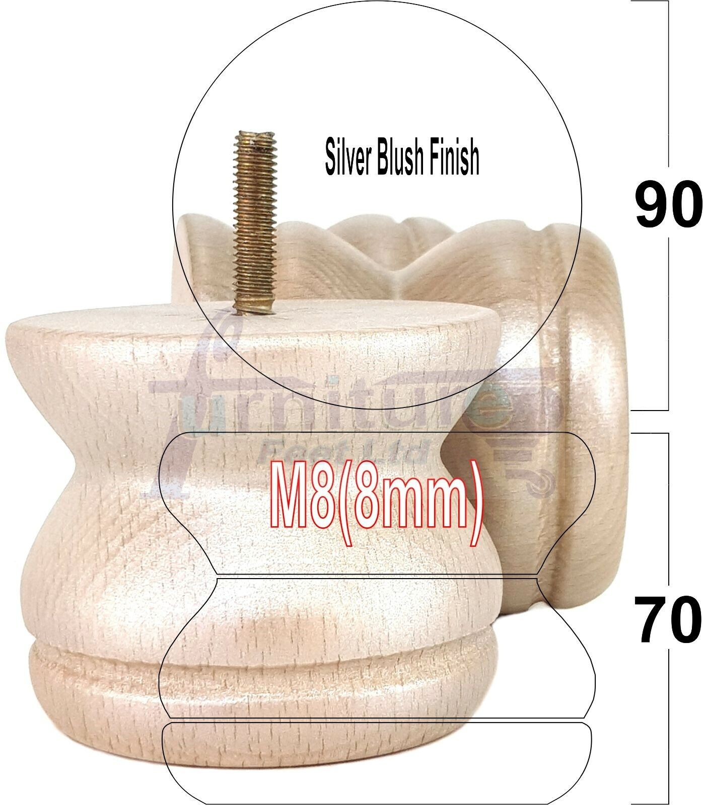 4x Turned Solid Wood Furniture Legs Replacement Bun Feet 70mm High 8mm Thread