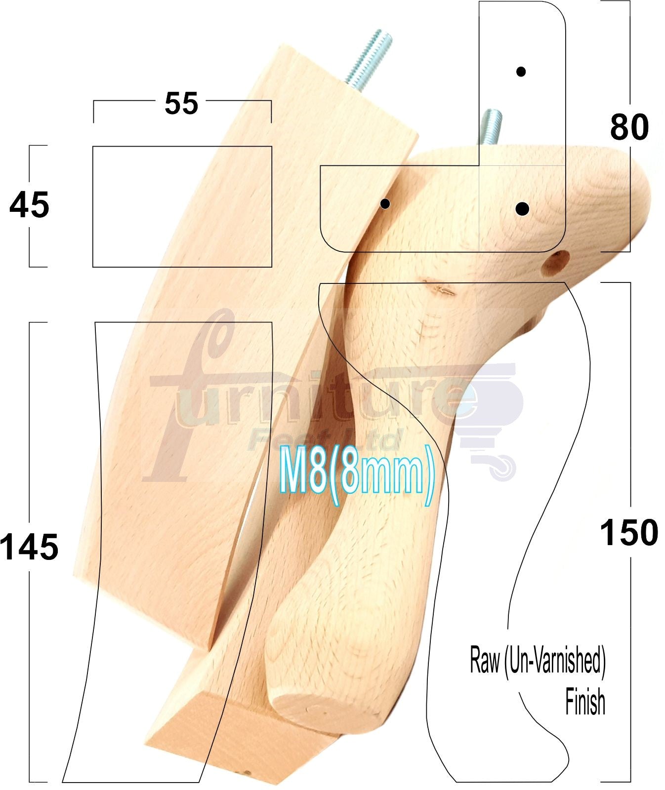 2x Vintage Queen Anne Replacement Furniture Legs & 2x Curved Back Feet 150mm 6 Inch High 8mm Thread