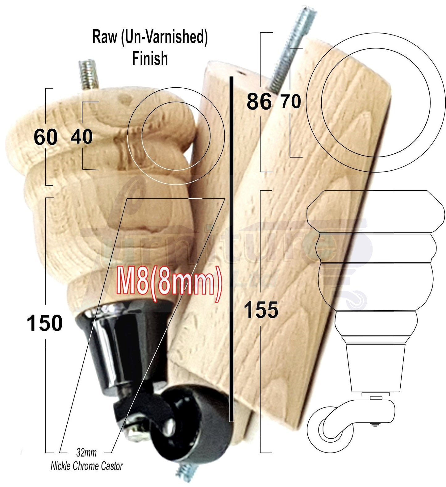 Raw Turned Wood Replacement Furniture Legs 2x with Black Castors and 2x Angled Back Legs M8 Dowl Fitting 155mm High 6 Inches