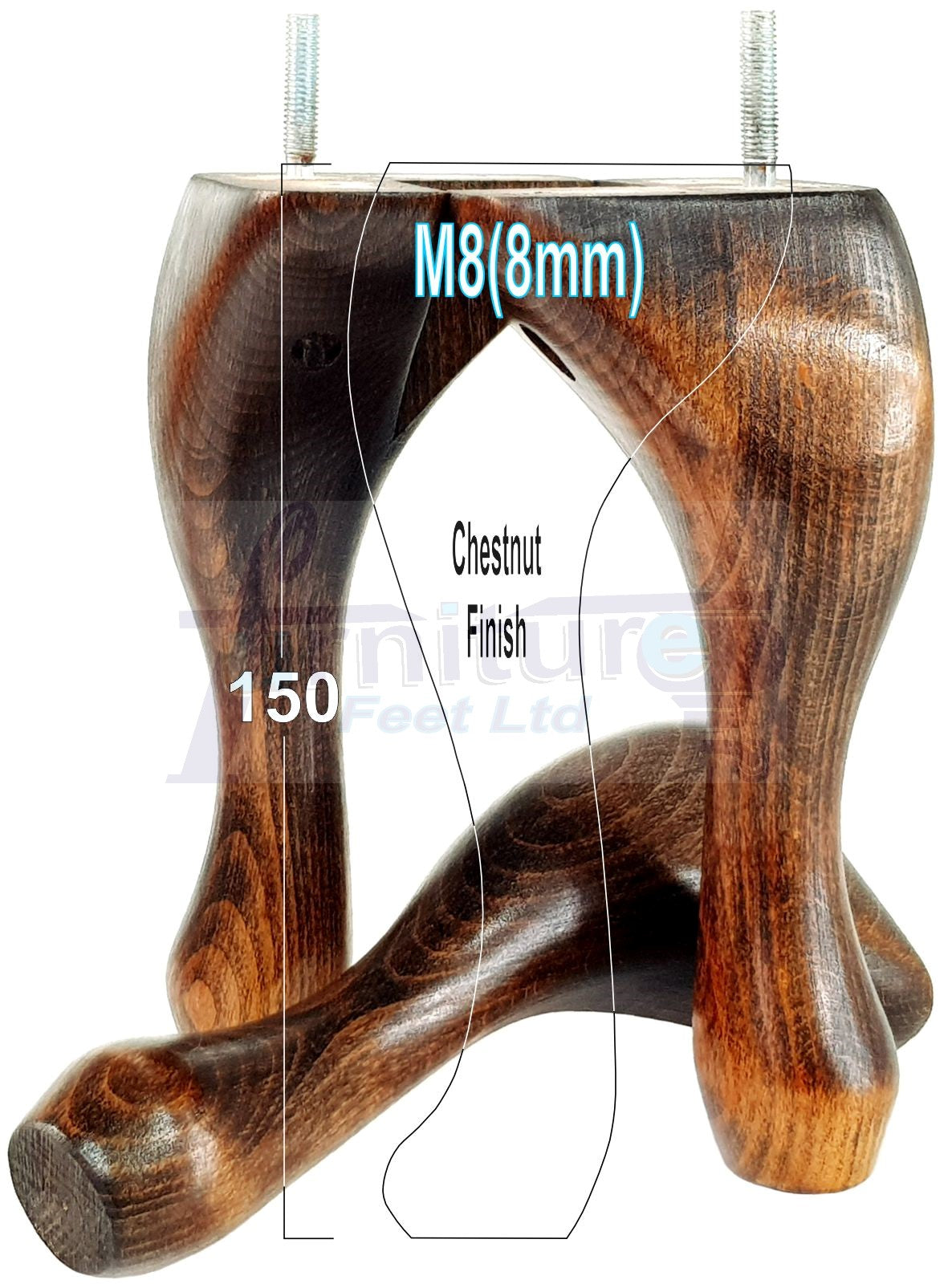 4 Solid Wood Furniture Feet 150mm High Queen Anne Replacement Legs M8 (8mm) 6 Inches Chair Stools Bed Sofa Georgian Style