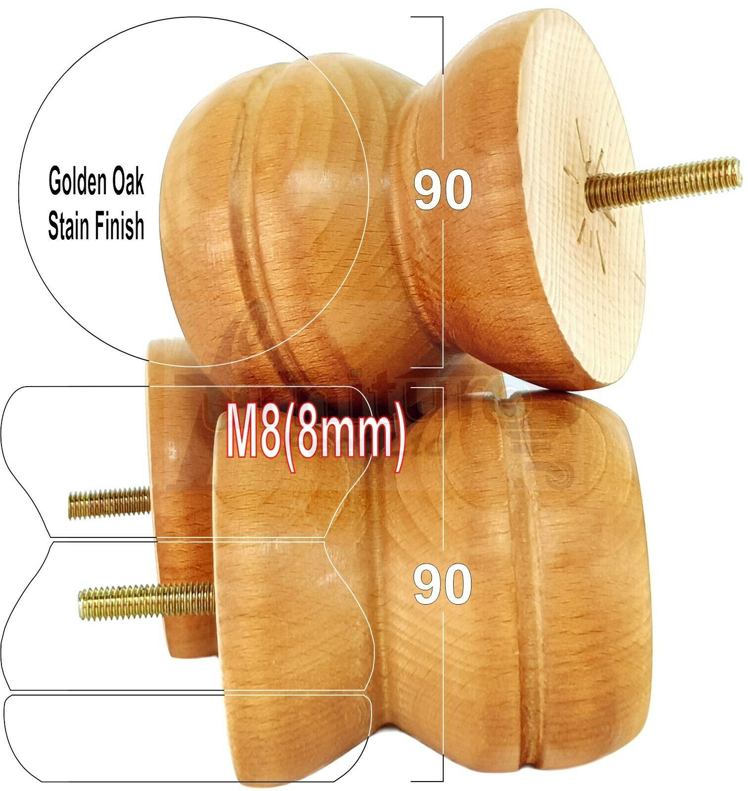 4x Turned Solid Wood Furniture Legs Replacement Bun Feet 90mm High 8mm Thread