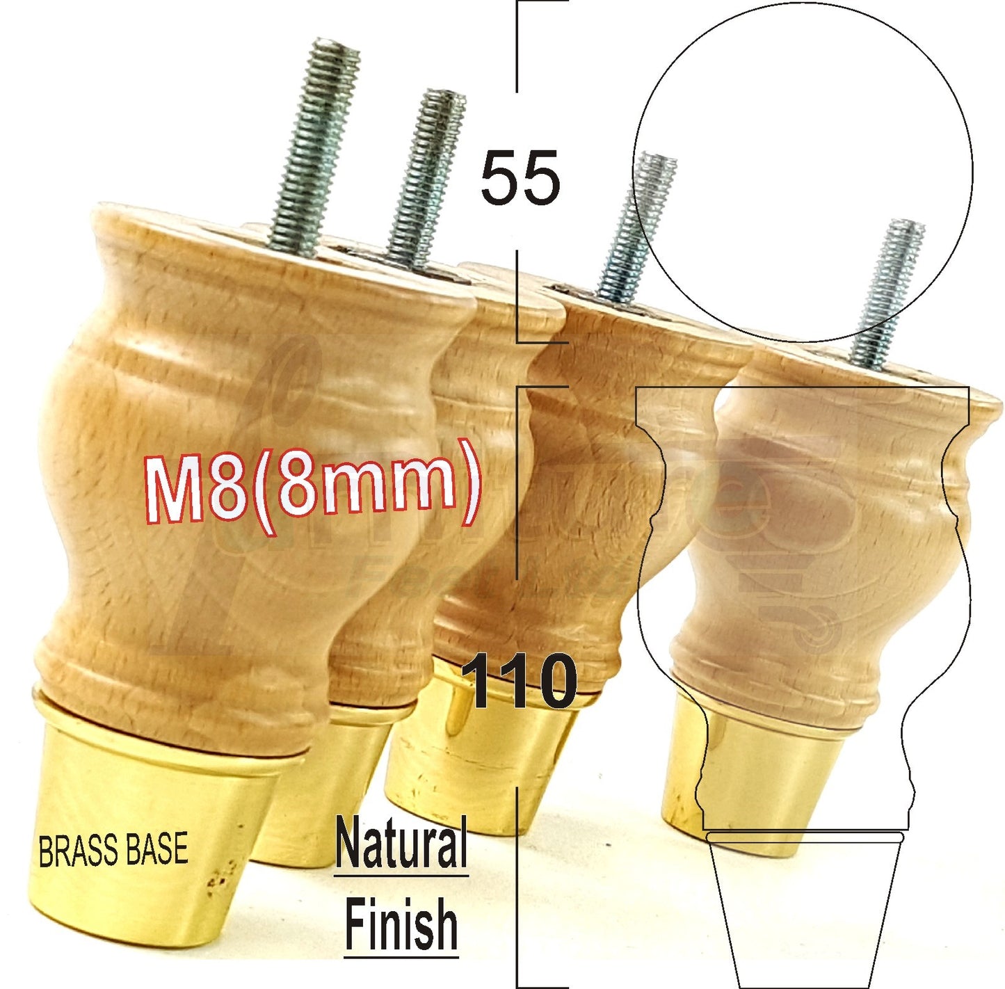 4x Turned Wood Furniture Feet M8(8mm) With Slipper Cup Chair Sofa Settee Legs 110mm
