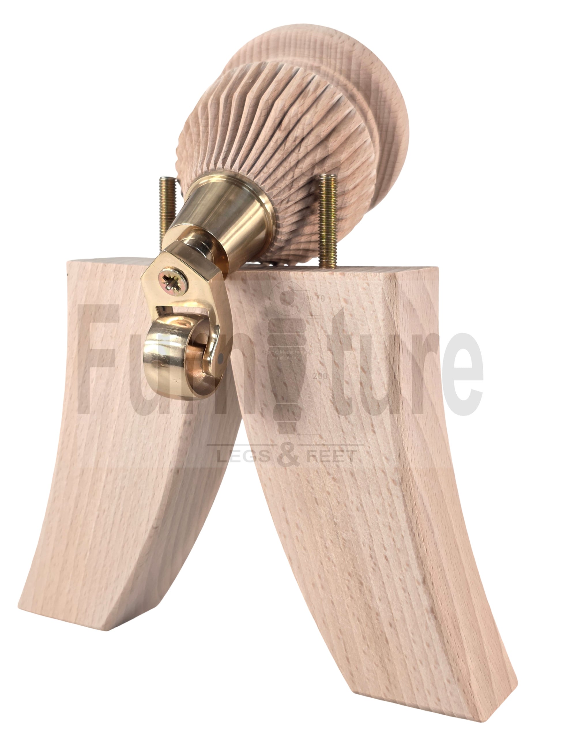 Solid Wood Replacement Furniture Legs 6 Inches with 2x Castors and 2x Back Feet 155mm High M8 Dowl Fixing - Raw Wood