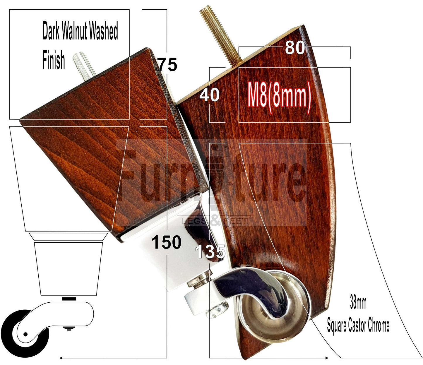 4x Block Wood Furniture Legs With Castor 8mm Thread For Chairs Settees Sofa 150mm High