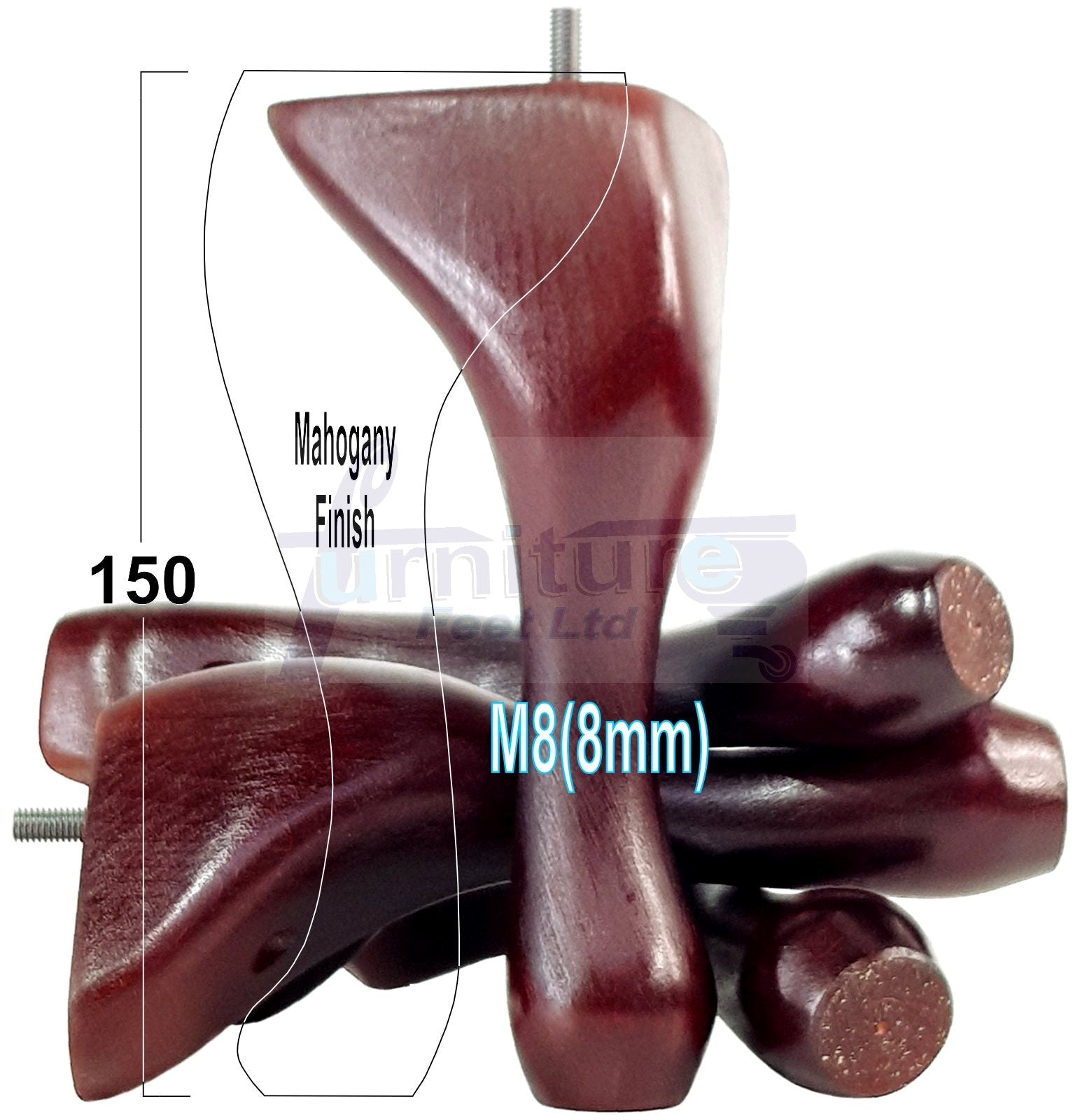 4 Solid Wood Furniture Feet 150mm High Queen Anne Replacement Legs M8 (8mm) 6 Inches Chair Stools Bed Sofa Georgian Style