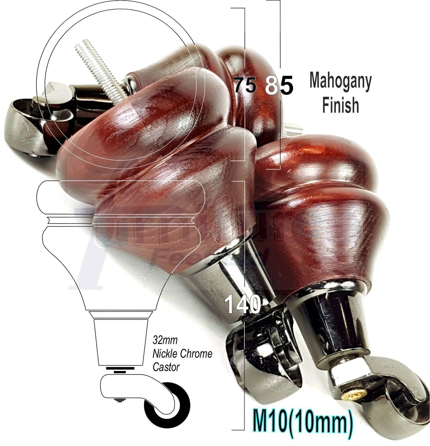 4x Turned Furniture Wood Feet With Castors 140mm Sofas Chairs Settee Cabinets Beds M10(10mm)