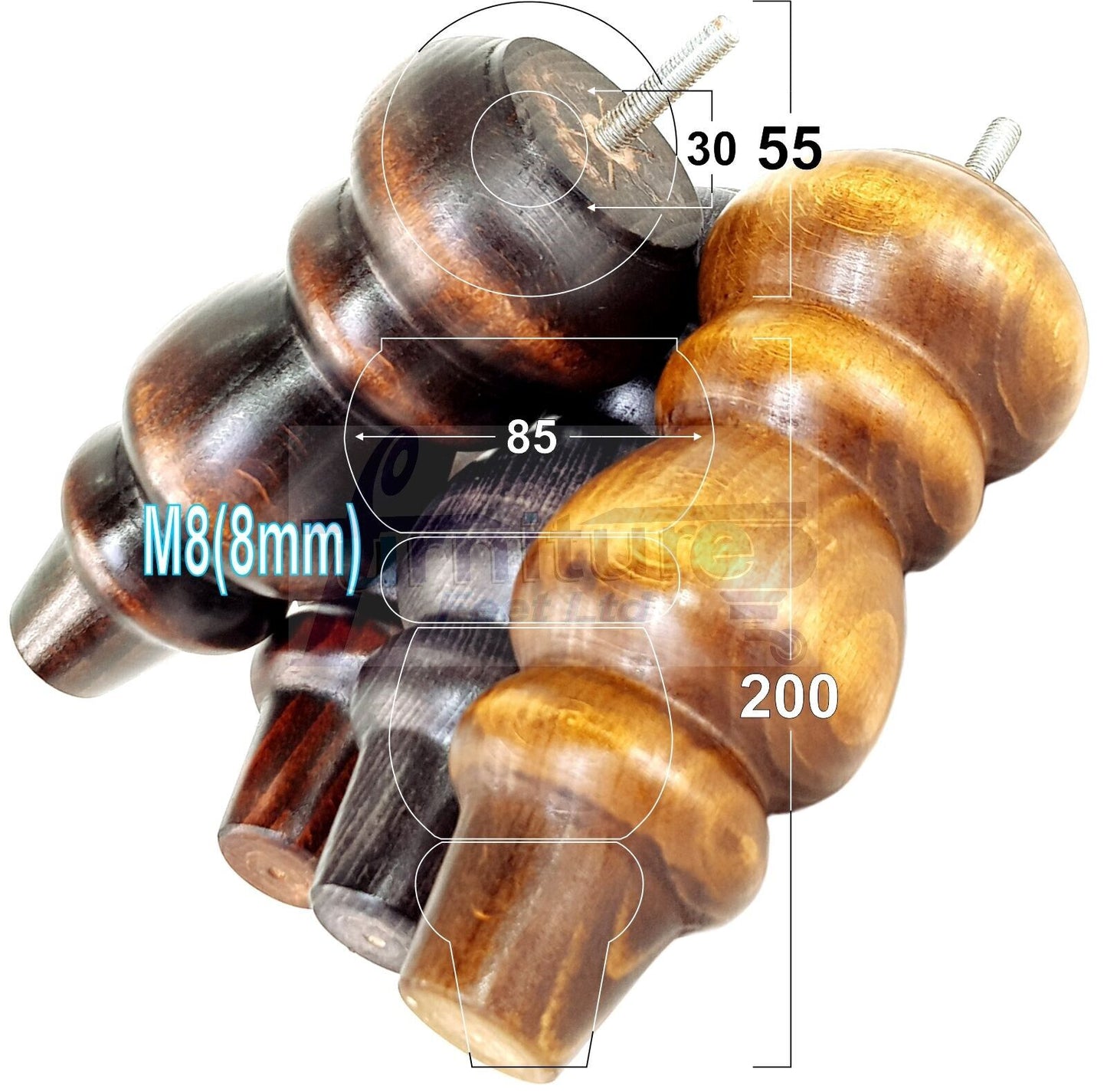 Solid Wood Furniture Feet Replacement Turned Legs 200mm High Chairs Stools Sofa's Beds Settee Cabinets M8 Various Colours Set of 4