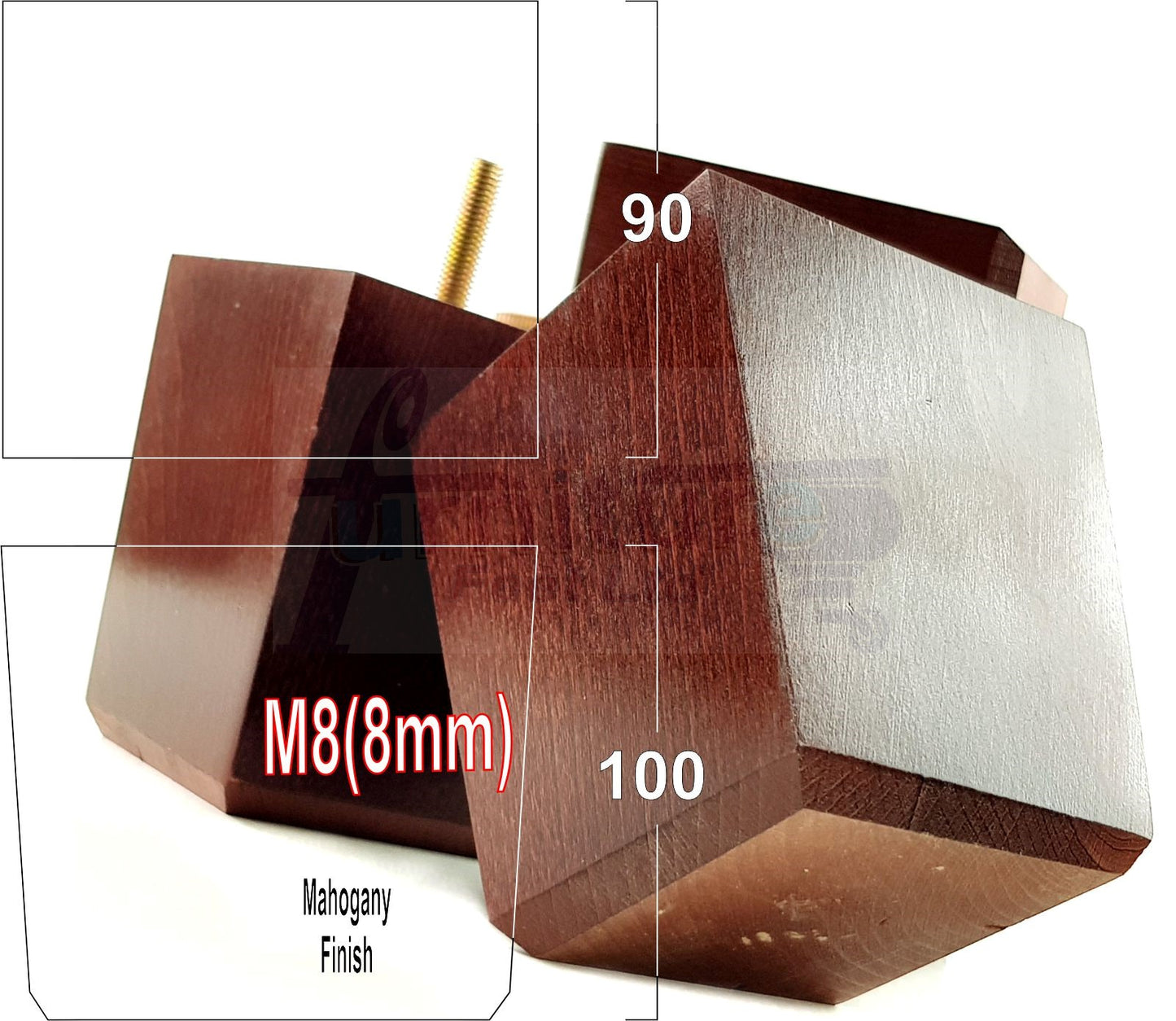 4x Solid Wood Square Furniture Legs Block Replacement Feet 100mm M8(8mm)