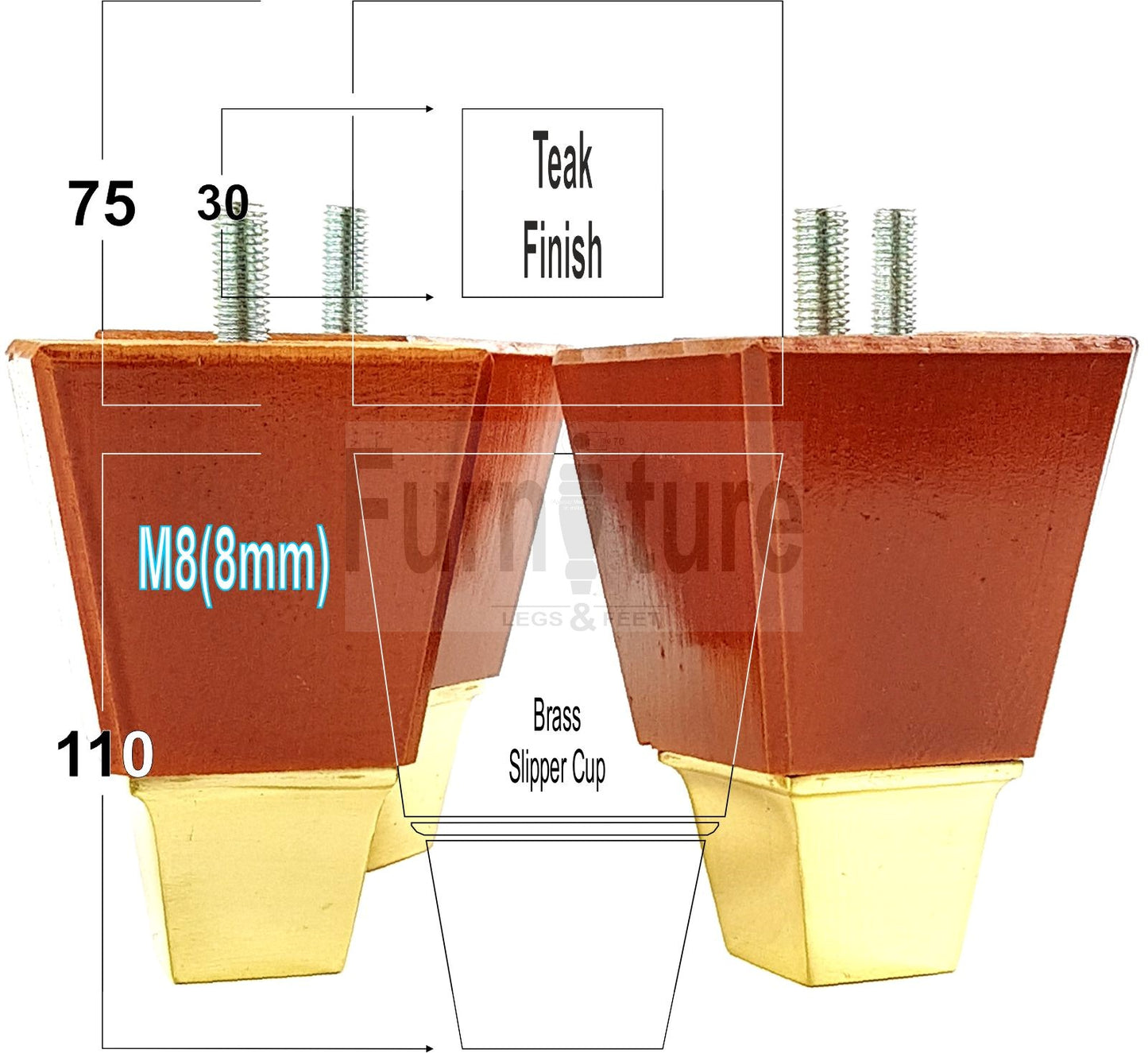 4x Block Wood With A Brass Slipper Cup Furniture Chair Settee Legs M8 Sofa Feet 110mm