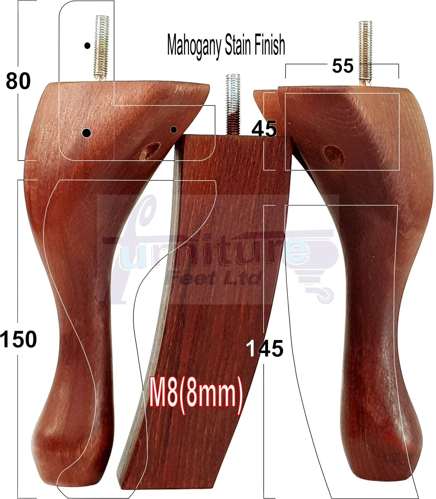 2x Vintage Queen Anne Replacement Furniture Legs & 2x Curved Back Feet 150mm 6 Inch High 8mm Thread