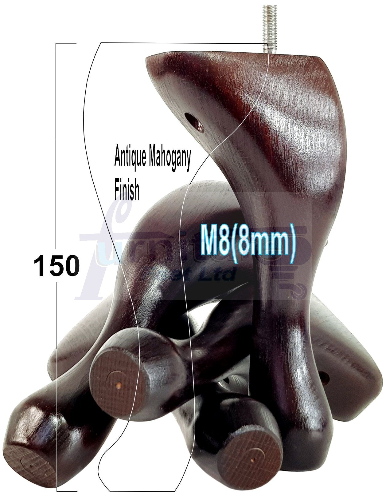 4 Solid Wood Furniture Feet 150mm High Queen Anne Replacement Legs M8 (8mm) 6 Inches Chair Stools Bed Sofa Georgian Style