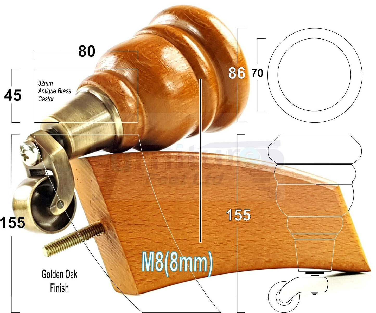 Turned Wood Furniture Feet Golden Oak 2 With Castors 155mm and 2 Curved Back Legs Sofas Chairs Stools Cabinets Beds M8 6 Inches