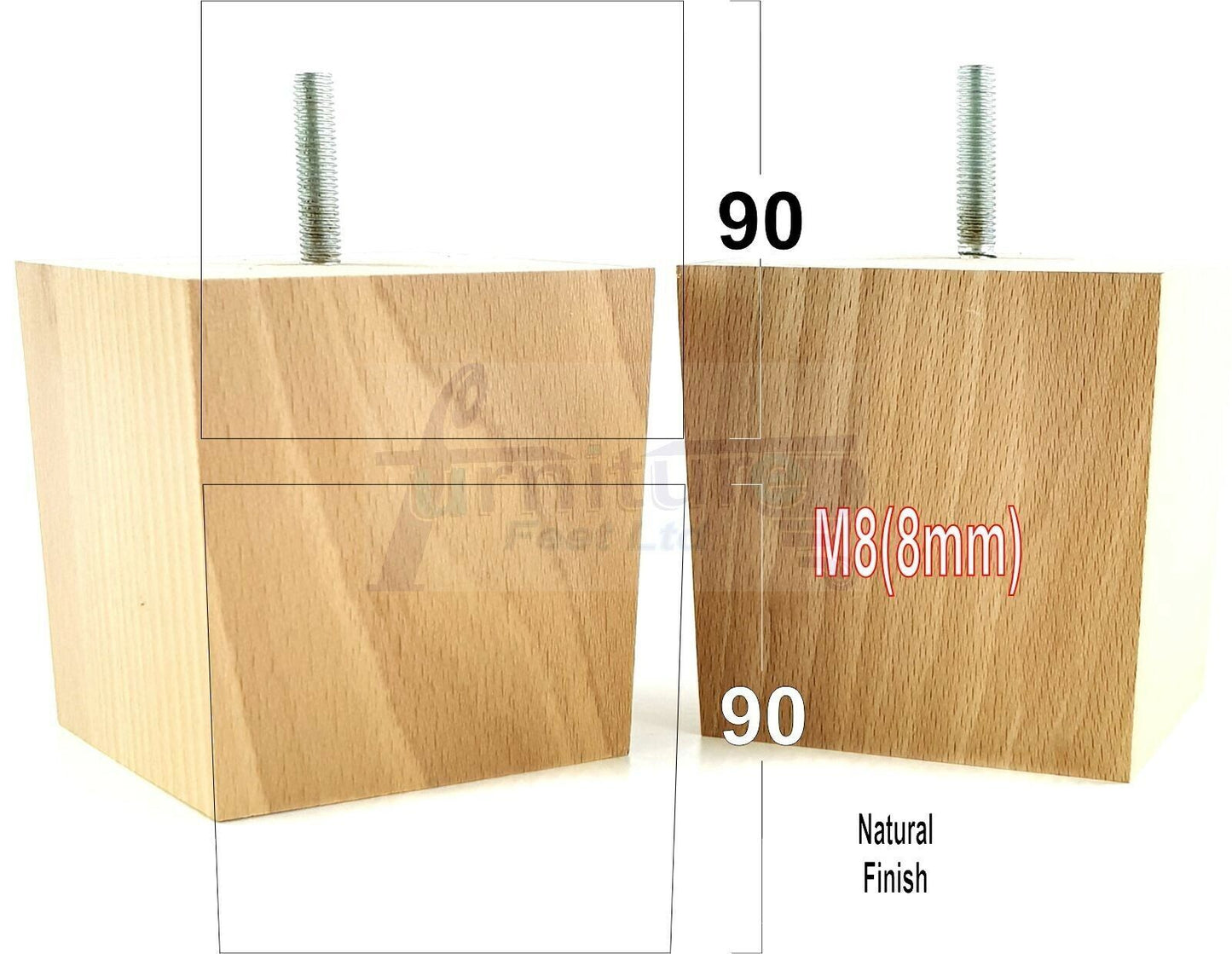 4x Solid Wood Square Feet Replacement Block Legs 90mm High Furniture Chairs Stools Sofa Beds Settee Cabinets 8mm Thread