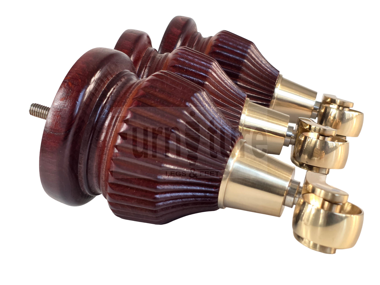 Wood Furniture Legs Replacement Feet 6 Inches with Brass Castors 155mm High M8 Dowl Fixing - Mahogany Finish