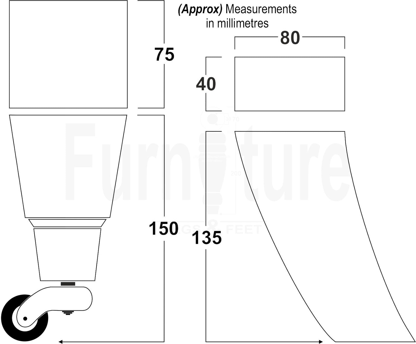 Set Of 4 Block Wood Furniture Feet With Antique Castor 8mm Thread For Chairs Settees Sofa 150mm High