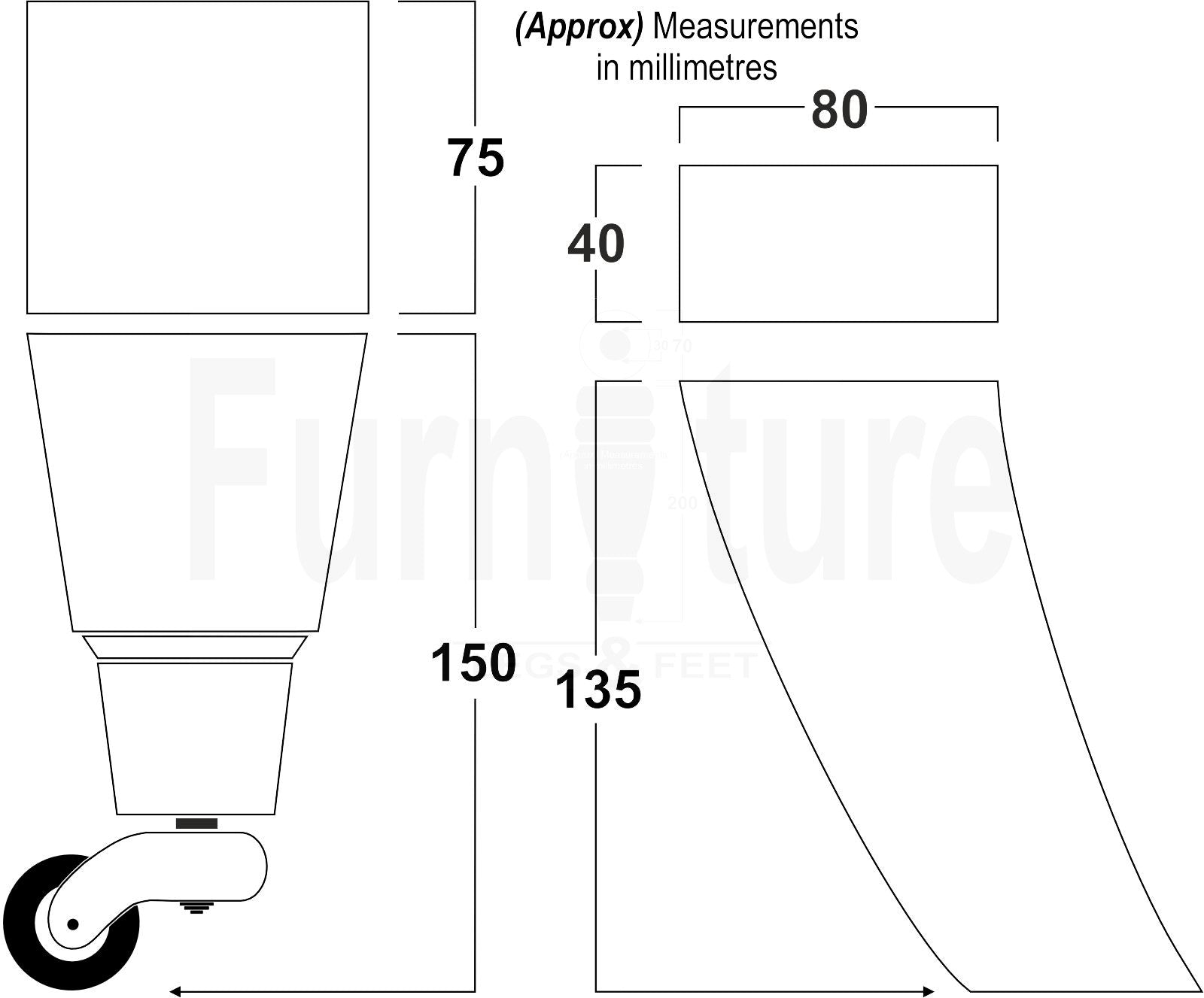Set Of 4 Block Wood Furniture Feet With Antique Castor 8mm Thread For Chairs Settees Sofa 150mm High